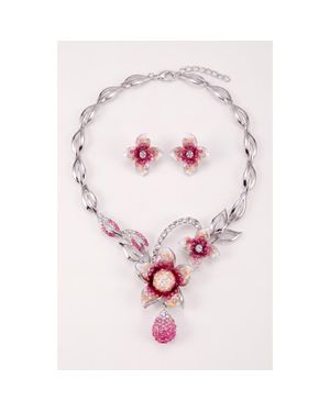 Modenaire Flower Necklace And Earrings Set - Pink