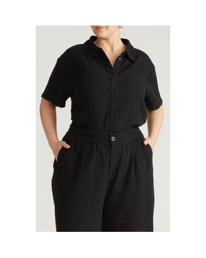 UNIVERSAL STANDARD Toni High Low Button Down Cotton Gauze Top - Black