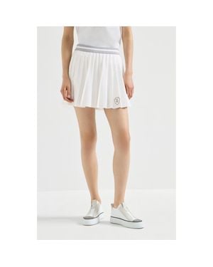 Brunello Cucinelli Techno Poplin Pleated Skirt With Logo - White