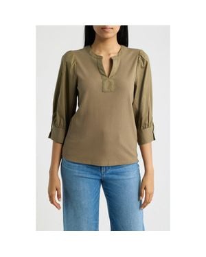 Wit & Wisdom Mixed Media Puff Sleeve Top - Brown