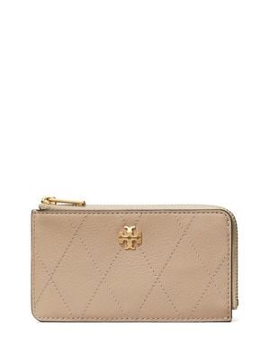 Tory Burch Charlie Quilted Leather Zip Card Case - Natural