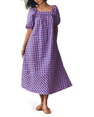 Next Gingham Puff Sleeve Seersucker Dress - Purple