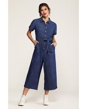 Yumi' Chambray Light Denim Button Jumpsuit - Blue