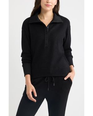 Caslon Waffle Button Front Sweatshirt - Black