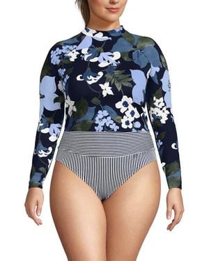 Lands' End Long Sleeve Mock Neck Cropped Upf 50 Sun Protection Rash Guard - Blue
