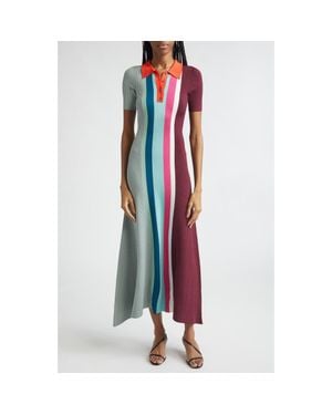 Christopher John Rogers Bowling Colorblock Stripe Rib Polo Sweater Dress - Red