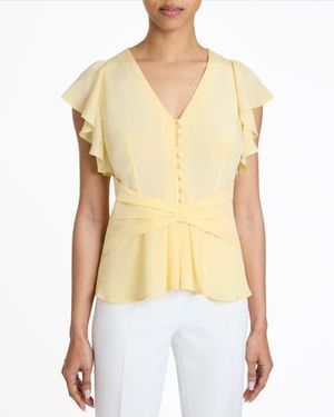 Santorelli Ella Silk Flutter Sleeve Buttoned Blouse With Waist Panel - Yellow