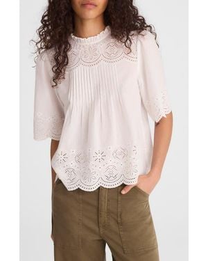 Madewell Embroidered Pintuck High Neck Cotton Voile Top - White