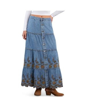 Wash Lab Denim Tiered Eyelet Denim Midi Skirt - Blue