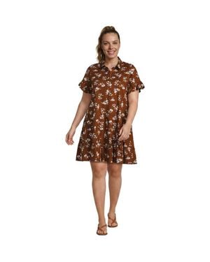 Lands' End Plus Size Poplin Flutter Sleeve Knee Length Popover Dress - Brown