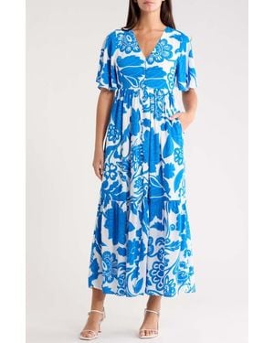 Sugarlips Floral Flutter Sleeve Dress - Blue