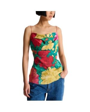 Balmain Printed Crepe De Chine Top With Thin Straps - Green