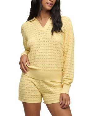 Barefoot Dreams Heathered Cotton Tulip Pointelle Collared Pullover - Yellow