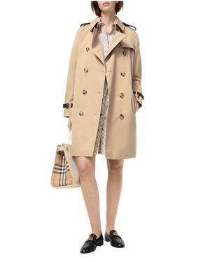Burberry Mid-Length Leather Trim Kensington Trench Coat - Natural