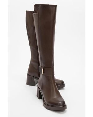 Prologue Shoes Moreni Stretch Buckle Block Heel Knee High Boot - Brown