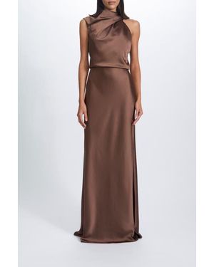 Amsale Fluid Satin Draped Neck Dress - Brown