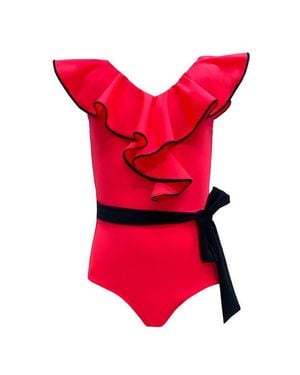 NESSI BYRD Ruffled V-Neck Belted One-Piece Swimsuit - Red