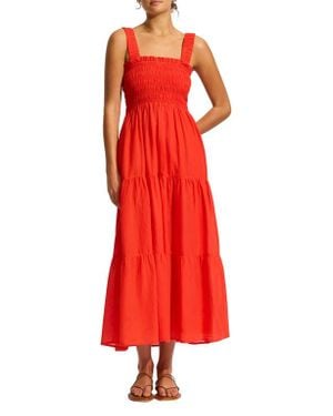 Seafolly Faithful Smocked Tiered Cotton Cover-Up Midi Dress