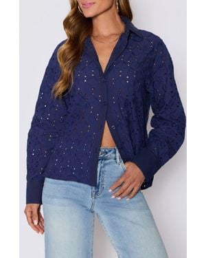Vici Collection Garden Stroll Floral Eyelet Button-Up Shirt - Blue