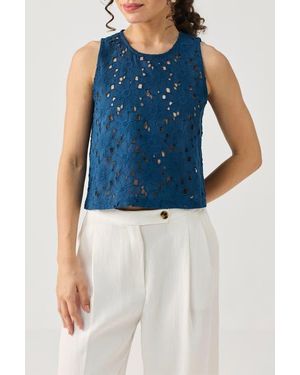 REISTOR Embroidered Button-Back Top - Blue