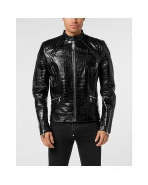 Philipp Plein Leather Moto Jacket Cocco Print - Black
