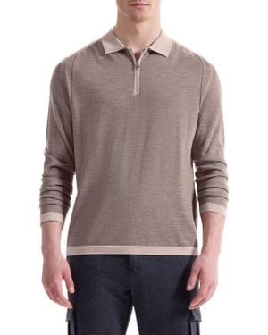 Bugatchi Long Sleeve Merino Wool Quarter Zip Polo Sweater - Brown