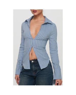 Princess Polly Madlin Stripe Long Sleeve Button-Up Shirt - Blue