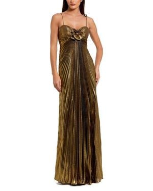 Mac Duggal Petite Pleated Metallic Gown With Thin Straps And 3D Floral Detail - Brown