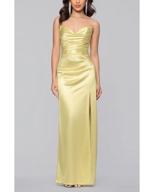 Blondie Nites Glam Ruched Strapless Satin Gown - Yellow