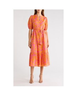 Sugarlips Veran Floral Button-Up Tiered Cotton Shirtdress - Orange