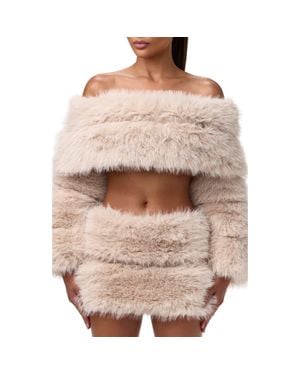 Naked Wardrobe Faux Fur Off The Shoulder Long Sleeve Crop Top - Brown