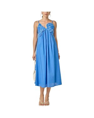 English Factory Embroidered Pleated Sleeveless Linen & Cotton Maxi Dress - Blue