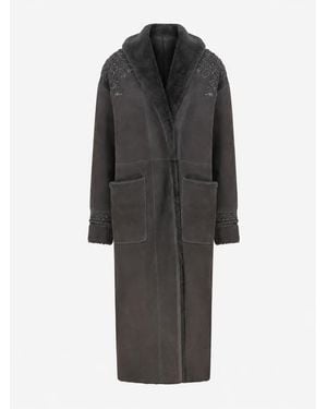 Mine Bilgi Ilda Long Merino Curly Shearling Coat With Embroidery - Black
