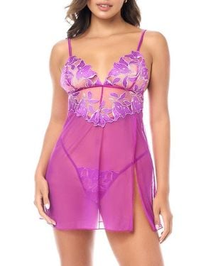 MAPALE Embroidered Sheer Babydoll & G-String Set - Purple
