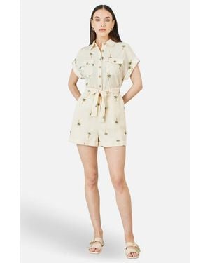 Yumi' Embroidered Palm Print Cotton Playsuit - Natural