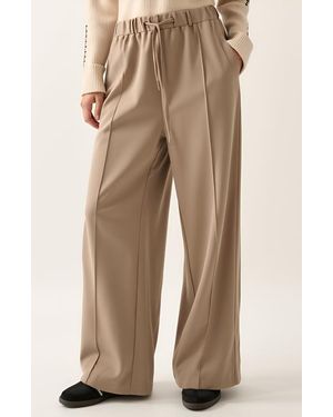 Modenaire Wide-Leg Front-Seam Elastic Drawstring Waist Pants - Natural