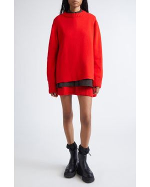 Sacai Mixed Media Long Sleeve Wool Suiting & Knit Sweater Dress - Red