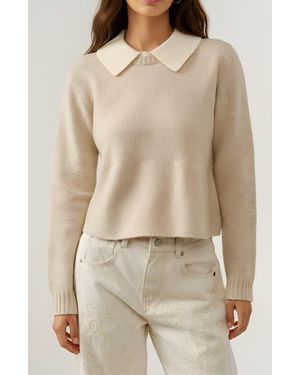 Modenaire Cropped Knit Cardigan With Contrast Collar And Button Front - Natural