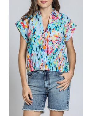 Apny Print Wrap Front Cotton High-Low Top - Blue