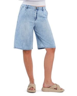 HINT OF BLU Chill Pleated Mid Rise Denim Bermuda Shorts - Blue