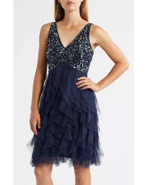 Pisarro Nights Beaded Ruffle Skirt Minidress - Blue