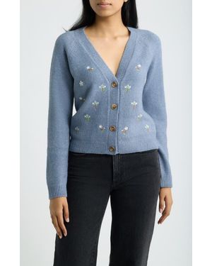 Bobeau Embroidered Floral V-Neck Cardigan - Blue