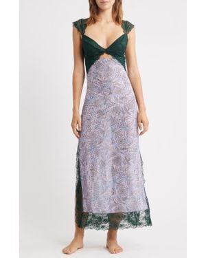 Free People Suddenly Fine Floral Print Cutout Lace Trim Nightgown - Gray