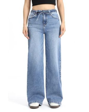 Bayeas Tie Belt High Waist Wide Leg Jeans - Blue