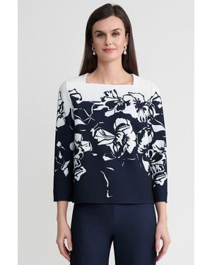 Ming Wang Floral Print Stretch Deco Crepe Blouse - Blue