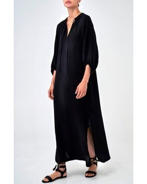 ocean + main Avery Long Tie Neck Dress Gauze Caftan - Black