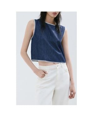 Mango Whipstitch Detail Denim Tank - Blue