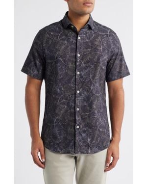 Stone Rose Jungle Monstera Palm Leaf Print Short Sleeve Stretch Cotton Blend Button-Up Shirt - Black