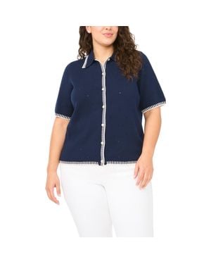 Cece Pointelle Cotton Button-Up Sweater - Blue