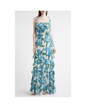 Julia Jordan Floral Ruffle Empire Waist Chiffon Gown - Blue
